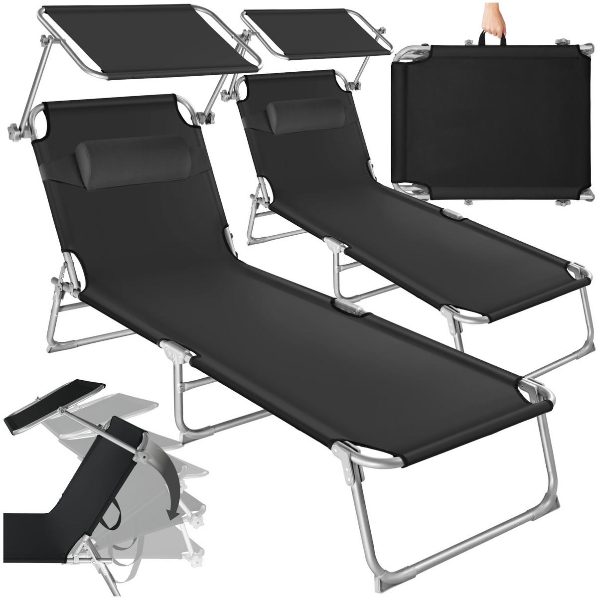 GARTENLIEGE 2er Set Chloé,190 x 68 x 65 cm,schwarz - Schwarz, Kunststoff (68/65/190cm) - tectake