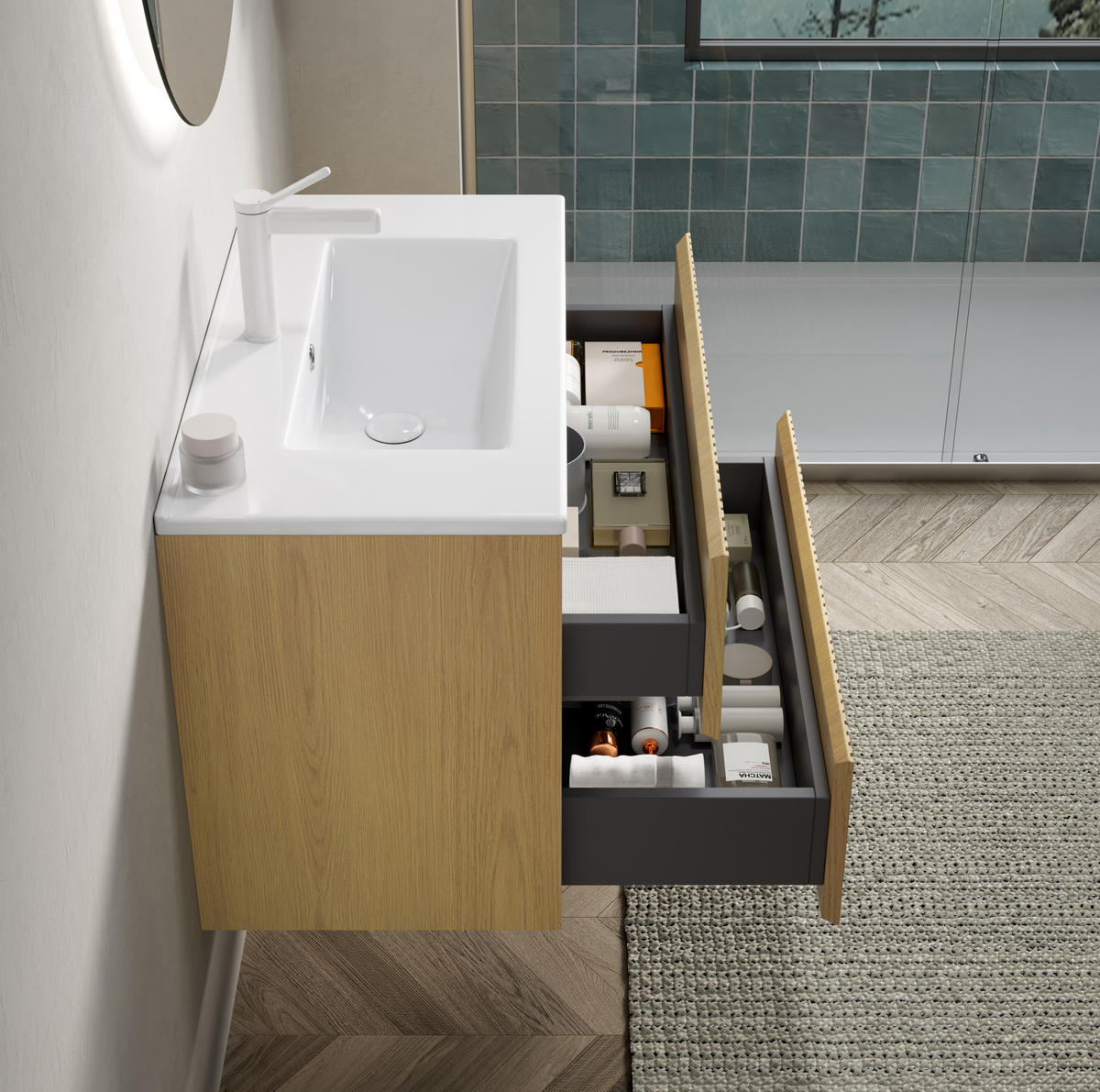 BADEZIMMERSCHRANK 75x39x51.5 cm Goldene Eiche & Weiß aus Keramik mit 2 Schubladen - Eichefarben, Keramik (75/51.5/39cm) - Modfu