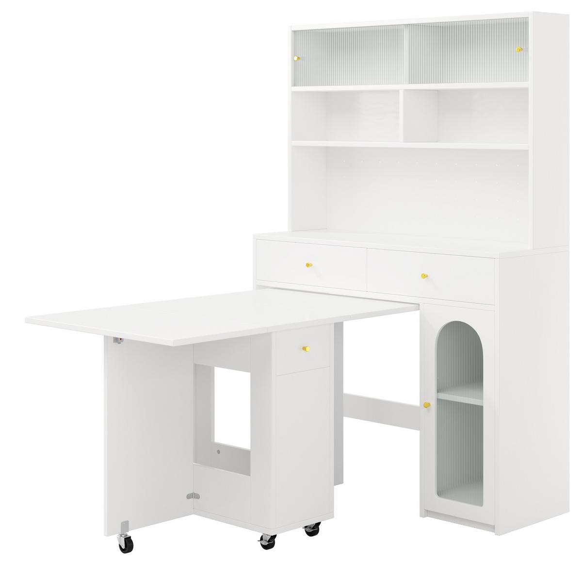 BUFFETSCHRANK-SET 120/45/180 cm mit klappbarem Esstisch, Stauraum und Glastüren, Weiß - Weiß, Holzwerkstoff (120/180/45cm) - Redom