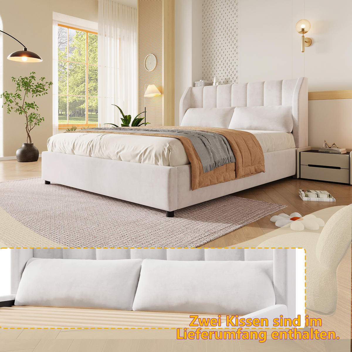 POLSTERBETT 140/200 cm in Beige mit Lattenrost und 2 Kissen aus französischem Samt - Beige, Holzwerkstoff/Textil (140/200cm) - STILVORA
