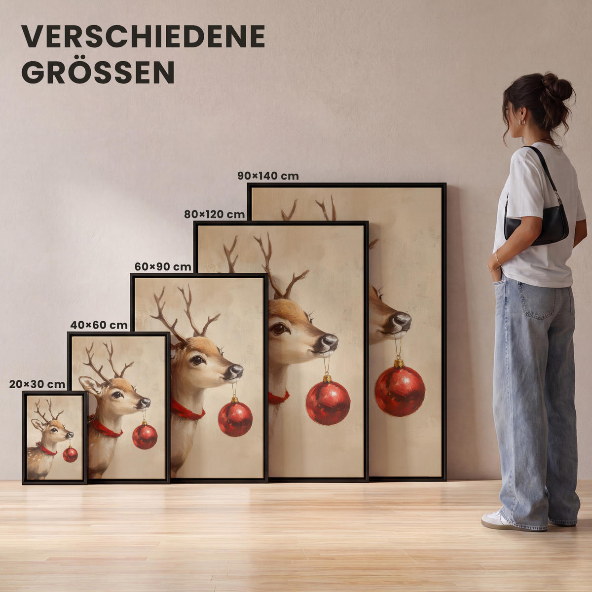 LEINWAND Bilder mit Rahmen - Weihnachten - Hirsch - Geweih - Weihnachtskugel - Rentier - 60x90 - Hellbraun, Textil (60/90cm) - MuchoWow