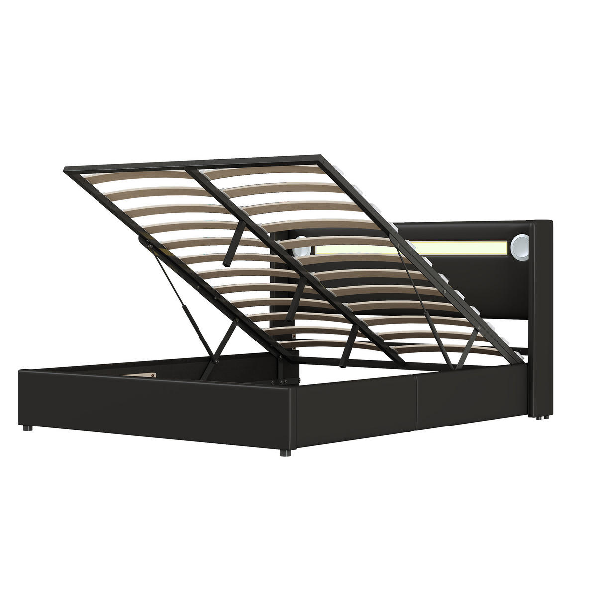 POLSTERBETT mit Stauraum 160x200 cm PU-Leder Schwarz mit LED Bluetooth/USB - Schwarz, Metall (160/200cm) - Meubliv