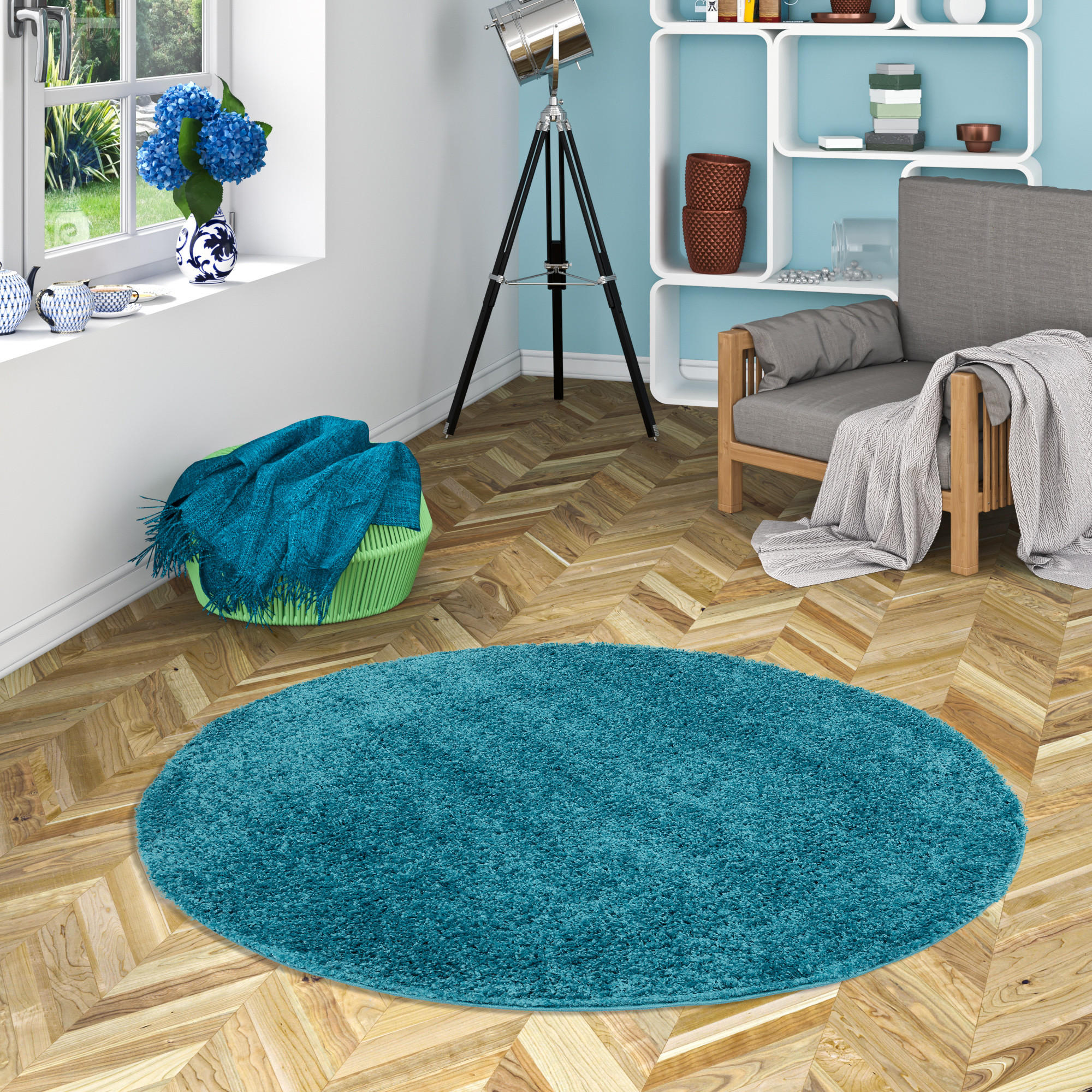 HOCHFLOR LANGFLOR SHAGGY TEPPICH FLUFFY RUND - Türkis, Textil (200/200cm) - Pergamon