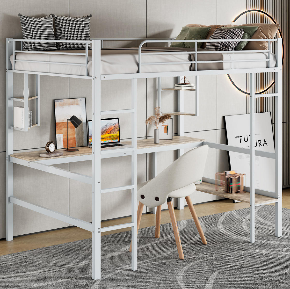 HOCHBETT mit Schreibtisch 90/200 cm in Weiß – mit Regal und Rausfallschutz - Weiß, Metall (90/200cm) - BEAOK