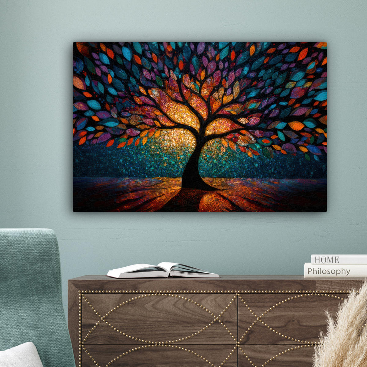 LEINWANDBILD Mosaik - Bunt - Baum - Äste Wanddeko 90x60 cm - Multicolor, Textil (90/60cm) - MuchoWow