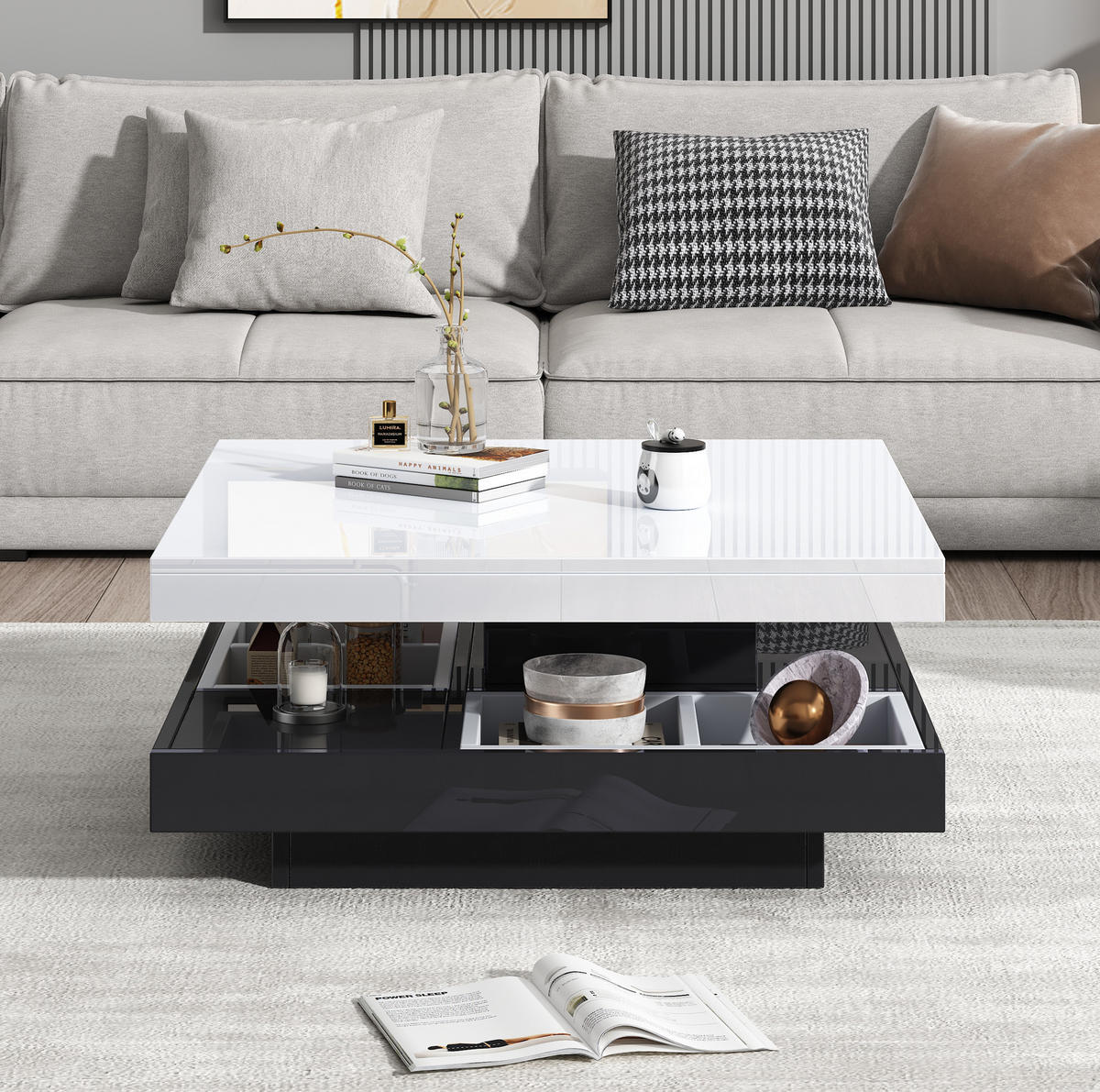 COUCHTISCH drehbar 70x70 cm Hochglanz Weiß Schwarz - Schwarz, Holzwerkstoff (70/70/36cm) - Meubliv
