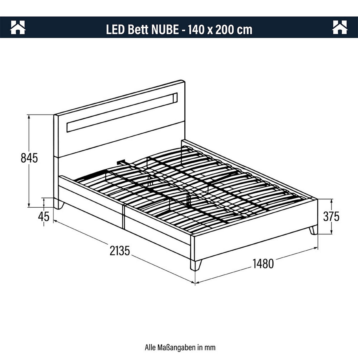 LED BETT NUBE - Weiß, 140 x 200 cm - Weiß, Kunststoff - Home Deluxe