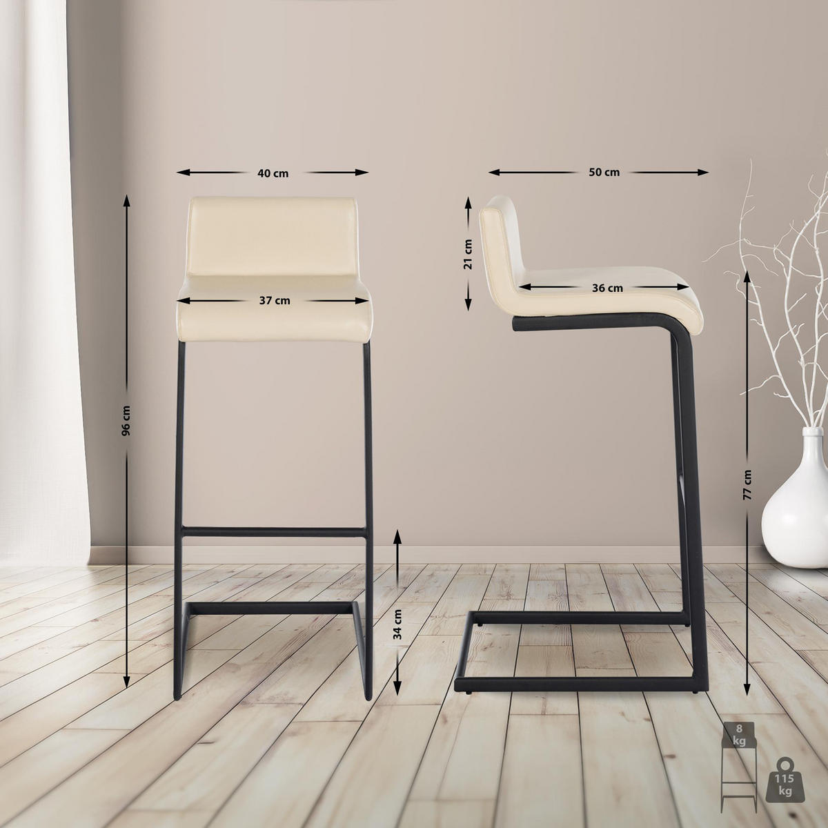 BARHOCKER New Orleans Kunstleder B creme - Schwarz/Naturfarben, Kunststoff/Metall (40/96/50cm) - TPFLiving