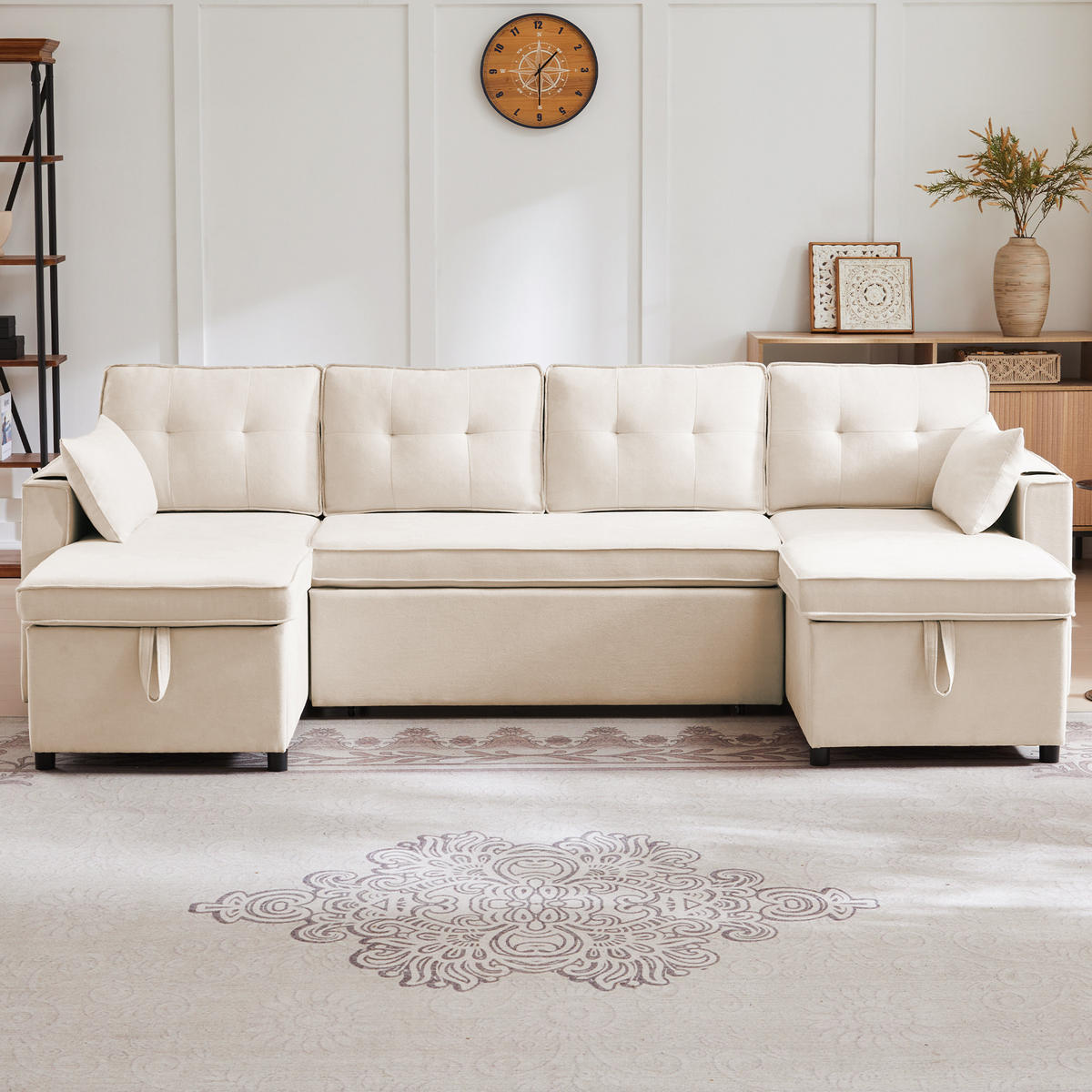 SCHLAFSOFA U-Form mit Getränkehalter und Stauraum - Beige, Textil (270/86/130cm)