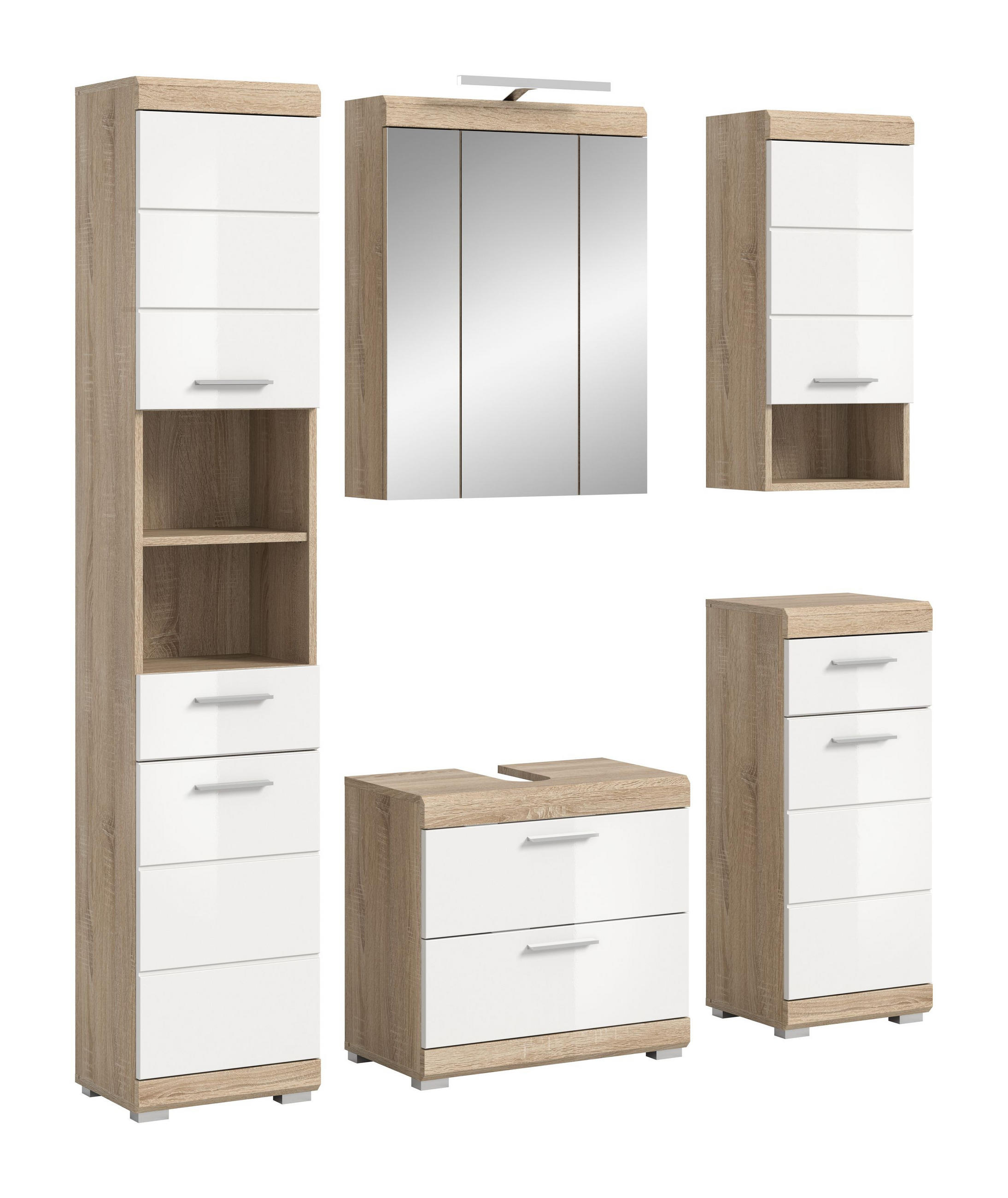 BADKOMBINATION 5tlg. Lambada Bad in Sonoma Eiche hell und weiß hochglanz B/H/T: 164x191x34 cm - Sonoma Eiche, Holz (164/191/37cm)