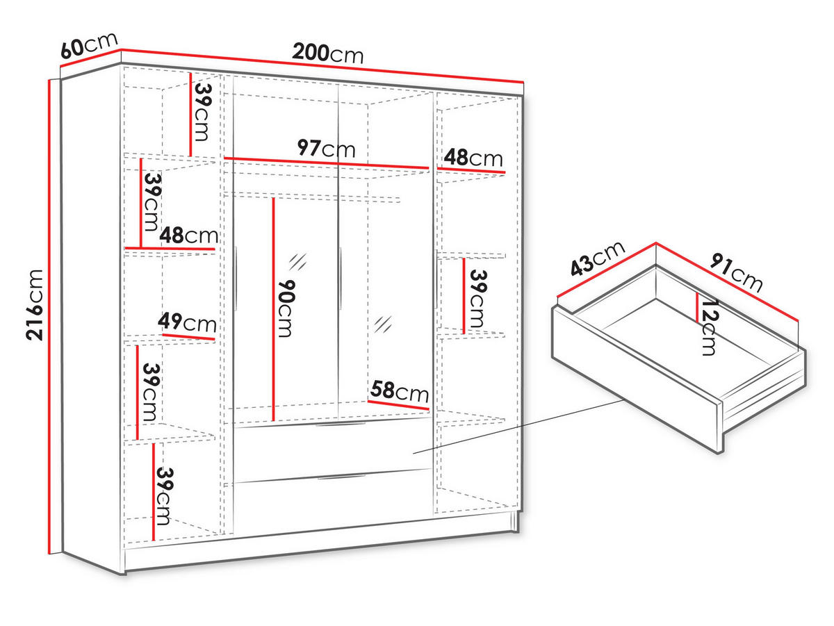 KLEIDERSCHRANK Sofia II - Eichefarben/Goldfarben, Holzwerkstoff/Kunststoff (200/216/60cm) - MIRJAN24