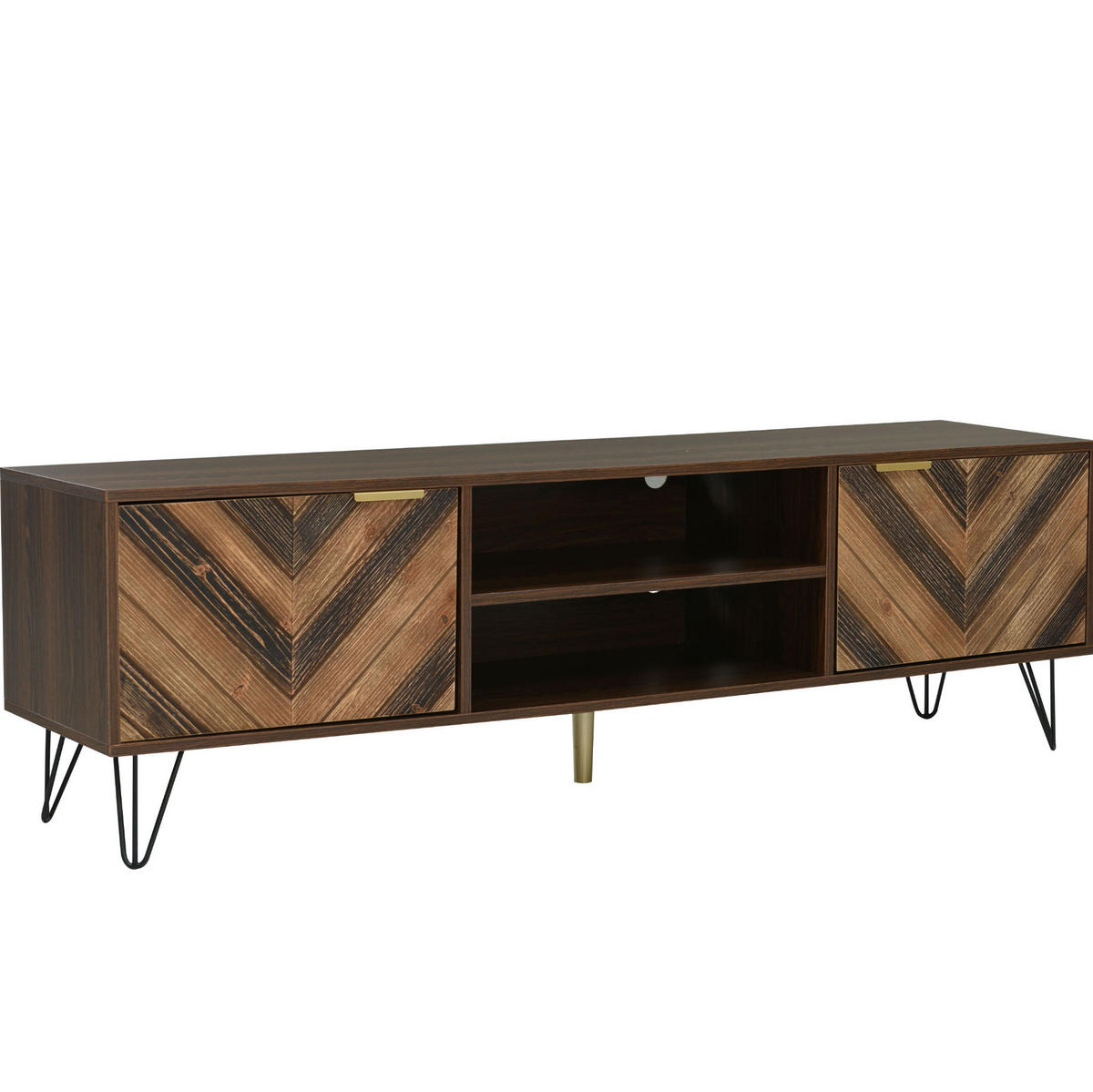 TV-LOWBOARD aus Holzwerkstoff 155x38x48 cm Natur mit 2 Türen, goldfarbenen Griffen und Eisenfüßen - Naturfarben, Holzwerkstoff (155/48/38cm) - Modfu