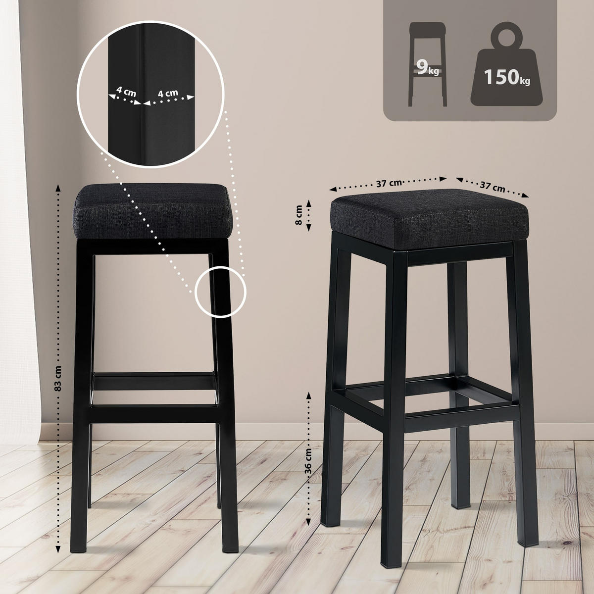BARHOCKER Taylor 83x37x37 cm dunkelgrau - Dunkelgrau, Metall (37/83/37cm) - furnicato