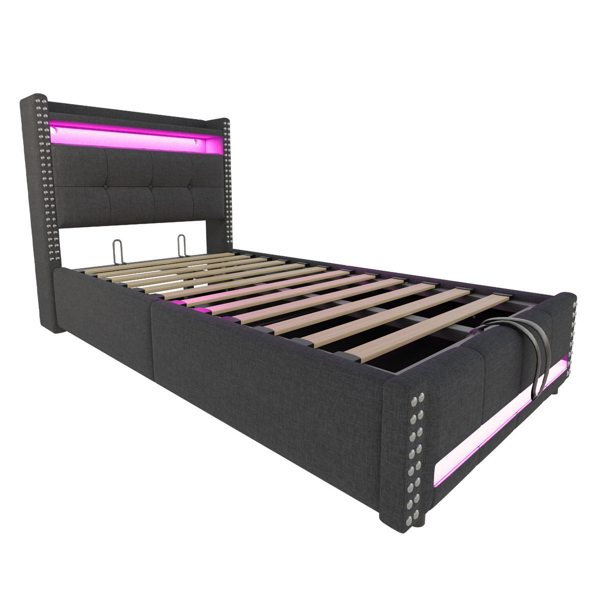 POLSTERBETT 90/200 cm Grau mit LED-Beleuchtung, USB-Anschluss und Stauraum - Grau, Textil (90/200cm) - Flora Grace