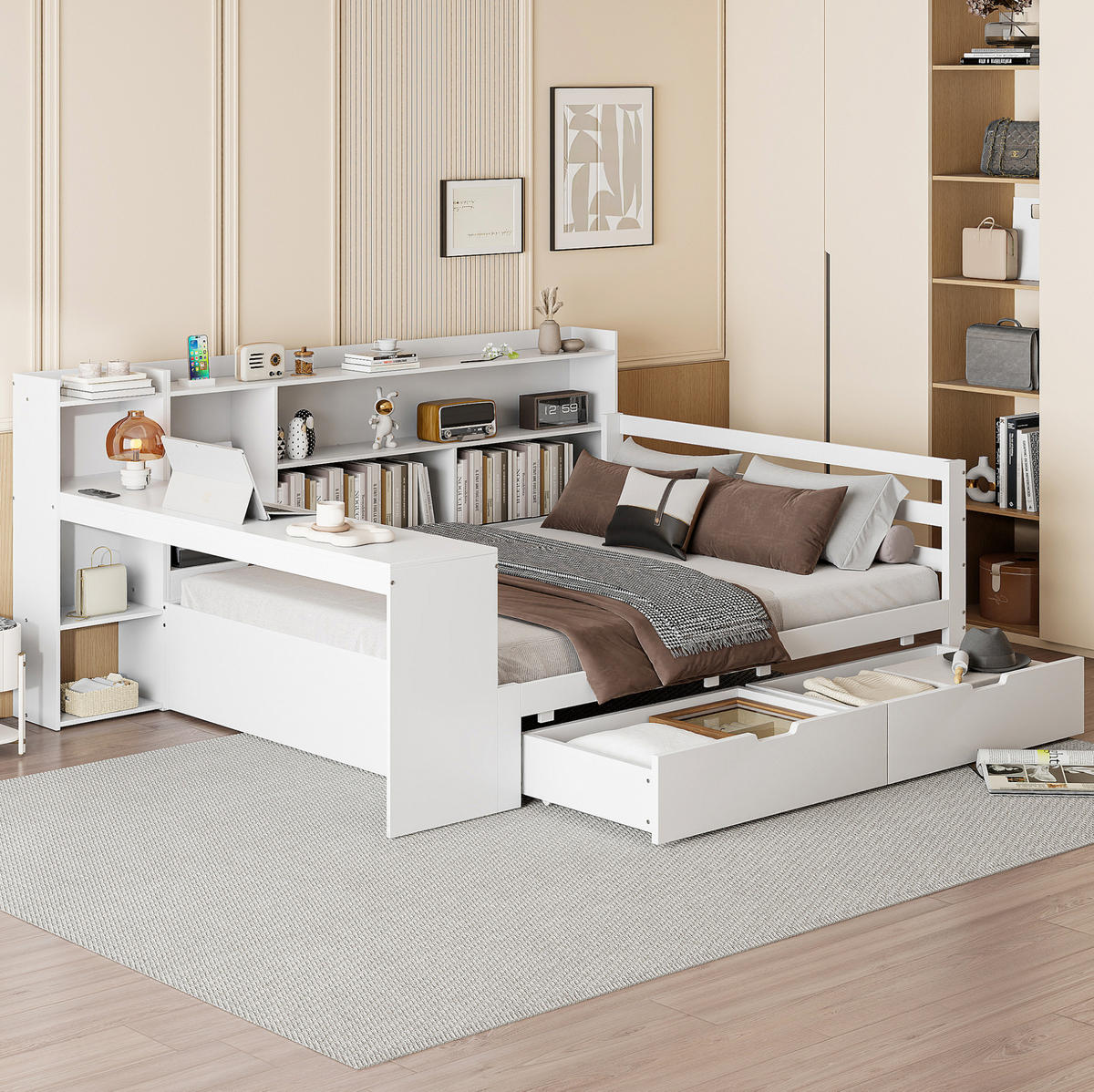 MULTIFUNKTIONSBETT 140/200 cm Weiß aus Massivholz mit Schreibtisch und Regalen - Weiß, Holz (140/200cm) - OKWISH