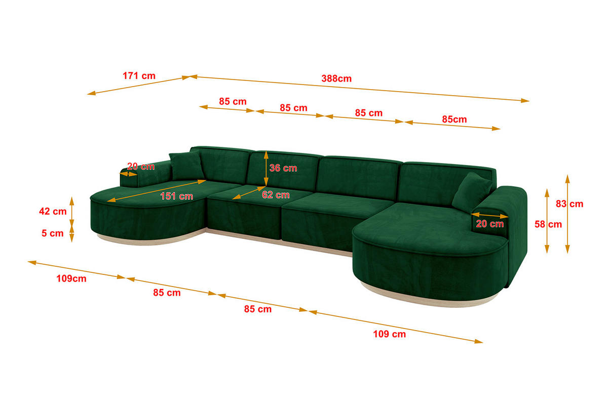 WOHNLANDSCHAFT MARI-U2-v1 - 388x171x83 cm Dunkelgrün Velours - Dunkelgrün, Holzwerkstoff/Textil (388/83/171cm) - ALTDECOR
