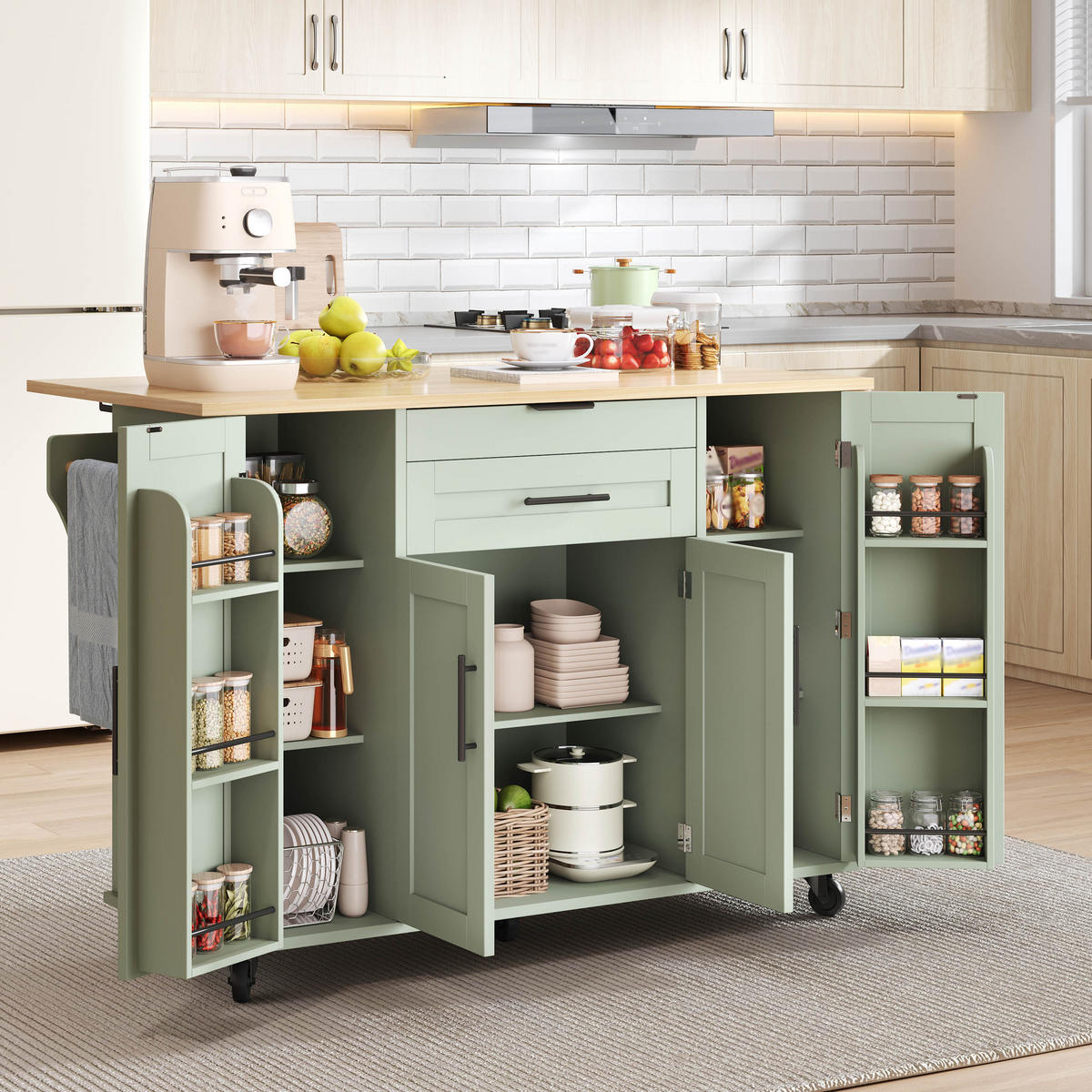 KÜCHENINSEL 120 cm MDF Antikgrün mit Ausziehbarer Arbeitsplatte und Gewürzregal - Pastellgrün, Holzwerkstoff (70/92/136cm) - Korfee
