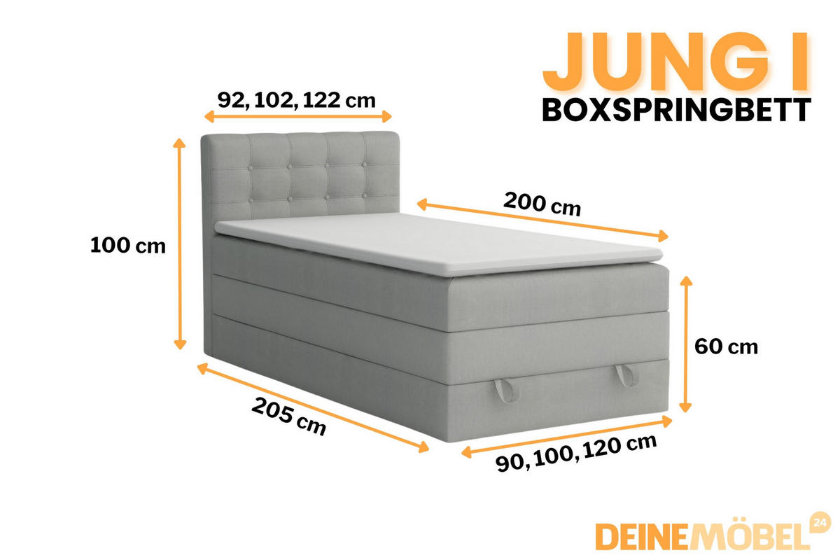 BOXSPRINGBETT JUNG 1 100/200 Velours Hellgrau mit Matratzen H3 + H4 - Hellgrau, Holz/Holzwerkstoff (100/200cm) - Deine Möbel 24
