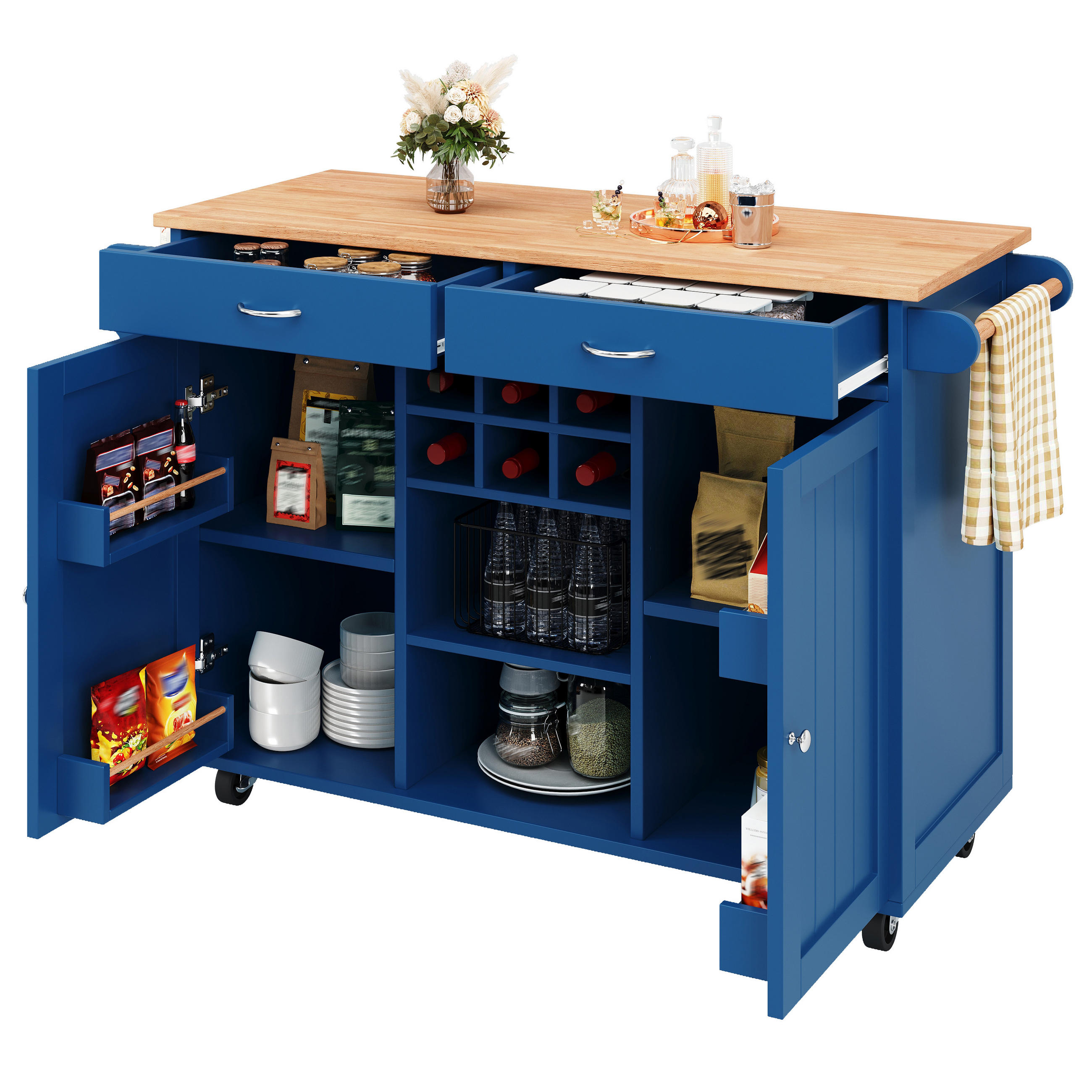 KÜCHENINSEL mit klappbarem Arbeitsbereich als multifunktionaler Esszimmerwagen, MDF-Tischplatte mit Holzmaserung, blau - Blau, Holzwerkstoff (102/92/45cm) - Luhomfu