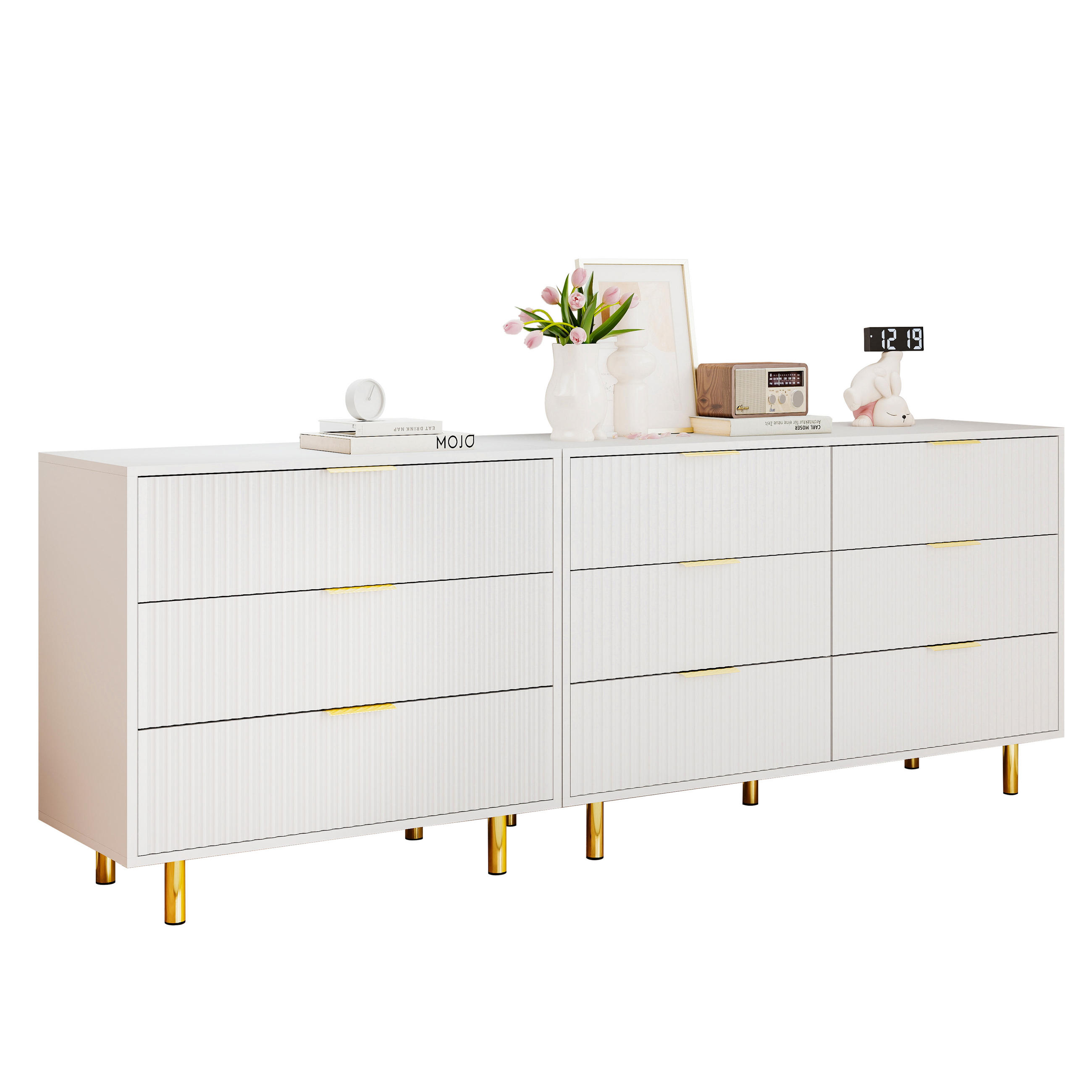 KOMMODEN-SIDEBOARD 200/40/72 cm mit 9 Schubladen in Weiß und Gold - Weiß, Holzwerkstoff (200/72/40cm) - BEAOK