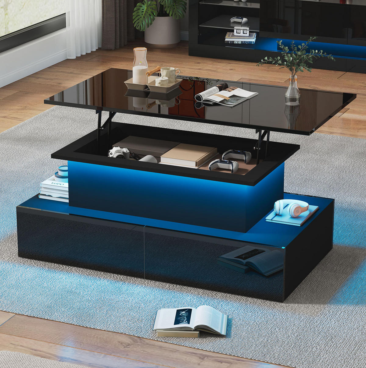 COUCHTISCH mit LED und 4 Schubladen 90 x 55 x 41 cm Schwarz Hochglanz - Schwarz, Holzwerkstoff (90/55/41cm) - Meubliv
