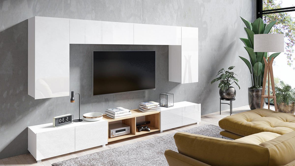 WOHNWAND Kossana 23 Modern Weiß/Goldene Eiche 300/43/154 cm TV Möbel - Weiß, Holzwerkstoff/Kunststoff (300/156/43cm) - AX Living