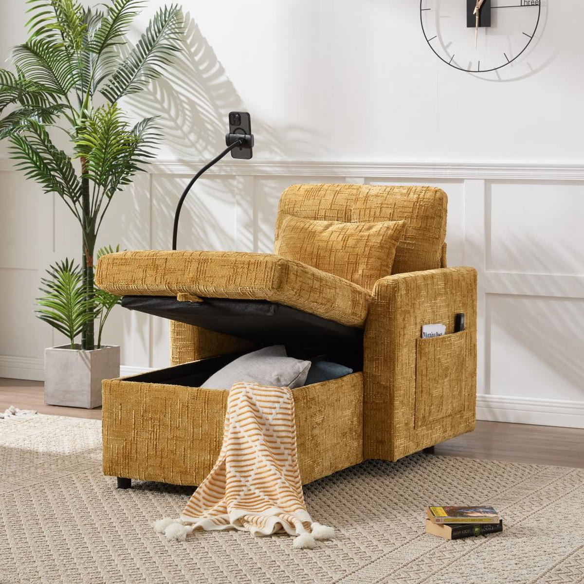 FERNSEHSESSEL Relaxsessel,Polsterliege mit Stauraum,Chenille,Gelb - Gelb, Holz (84.5/87/125cm) - LVHOM