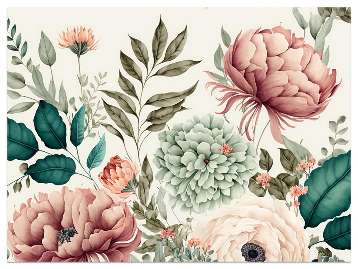 FOTOTAPETA Pre Spálňu Pastelové Pivonky Kvety Listy 200 x 140 cm - modrá/zelená, papier (200/140cm) - Muralo