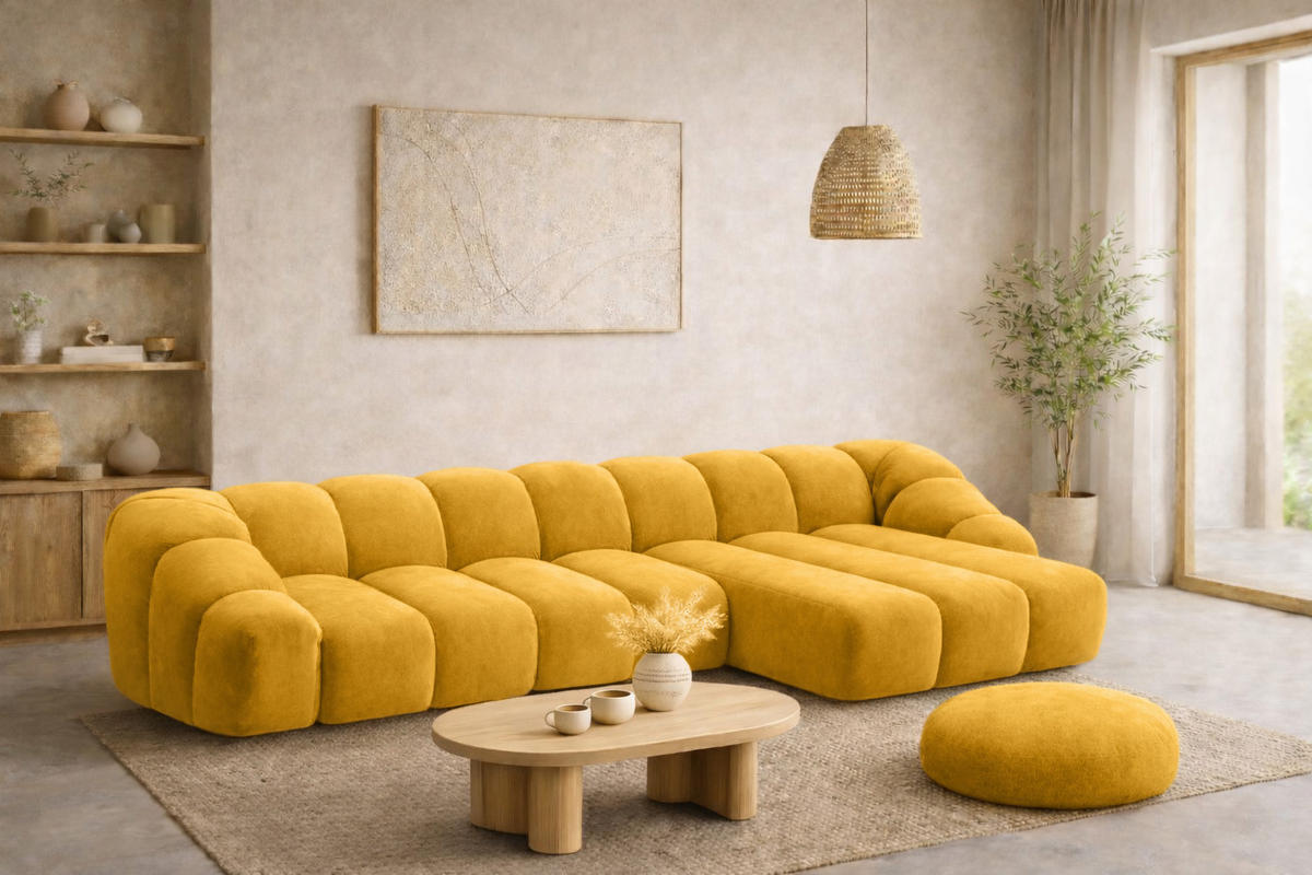 ECKSOFA Modulare L-Form, Veloursstoff Bluvel, Golden, Rechts, CROISSANT XL - Goldfarben, Holz (340/190cm) - Kaiser Möbel