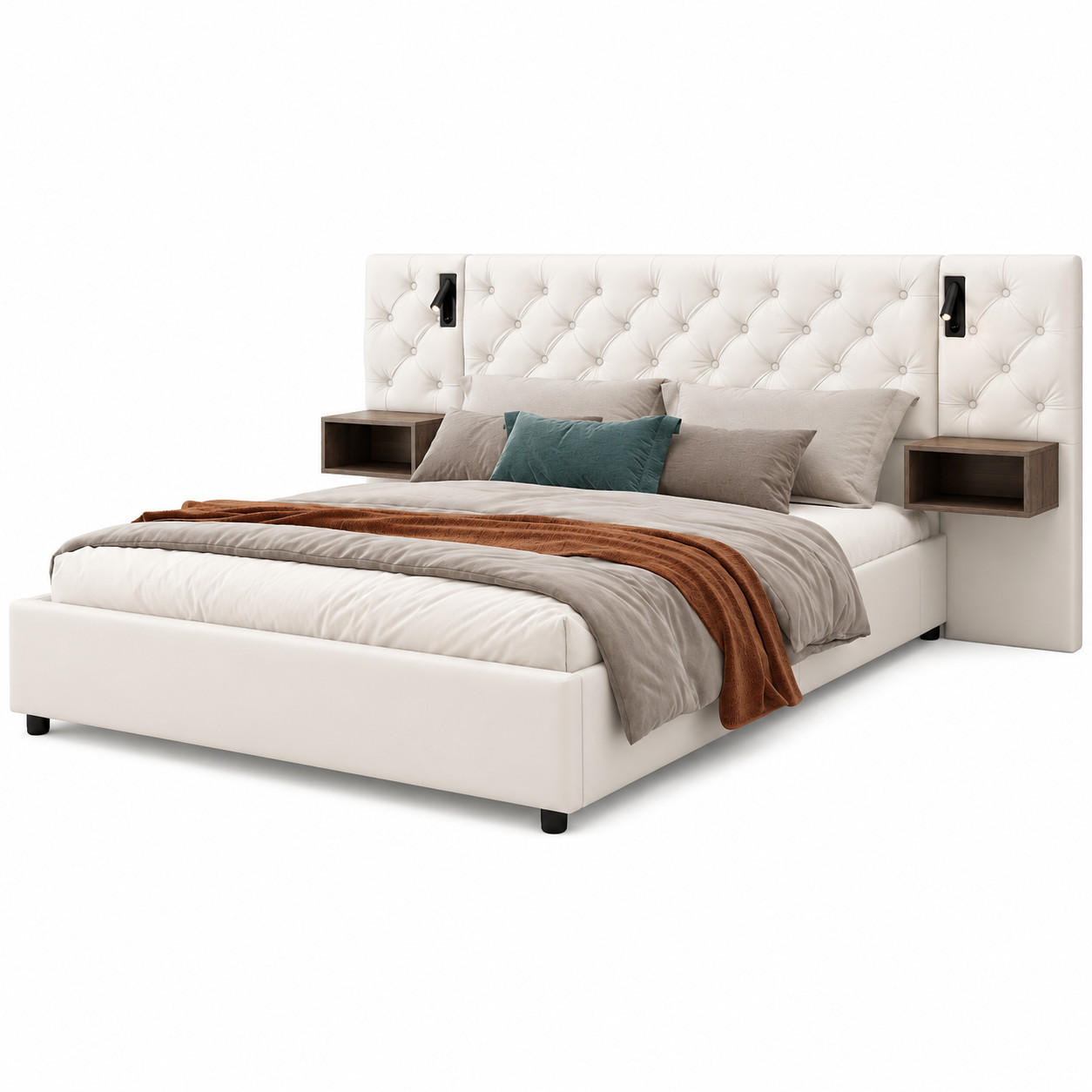 POLSTERBETT 140/200 cm mit Hydraulik-Bettkasten, seitlichen Ablagen, LED-Leuchten, USB-Anschluss und Chesterfield-Knopfsteppung - Beige, Holz/Metall (140/200cm) - Joyfair
