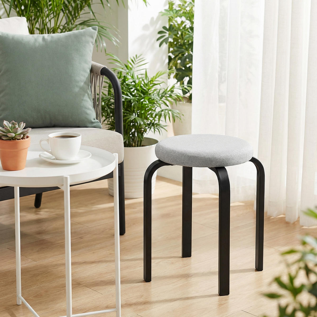STAPELHOCKER DE-06929 4er-Set gepolstert rund, stapelbar Grau - Grau, Textil/Metall (40/45/40cm) - ComfortXL