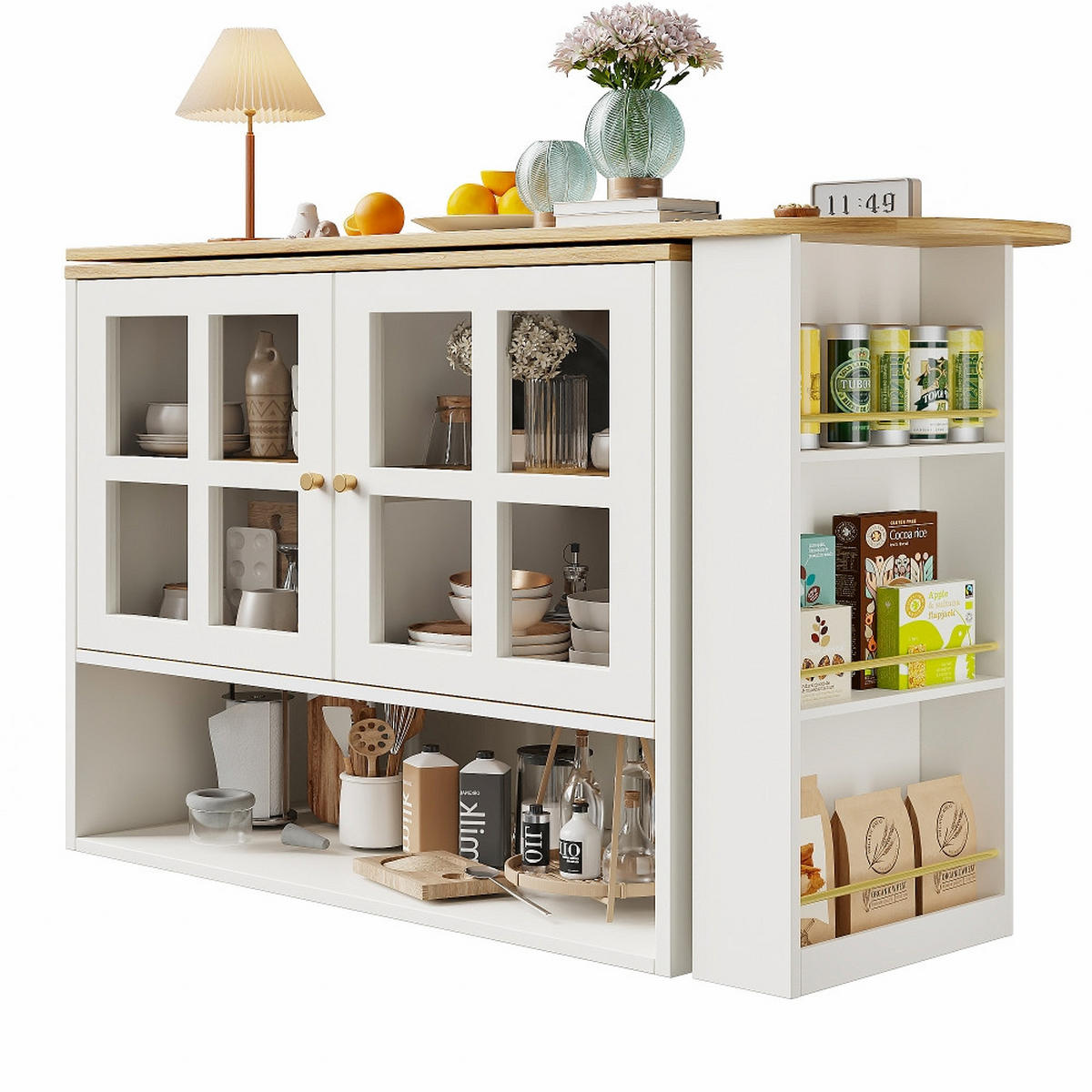 KÜCHENINSEL DREHBARE ESSBAR mit Snackregal, Sideboardschrank, MDF/Glas, Weiß, 138-204/39/102,5 cm - Weiß, Kunststoff (39/102.5/138cm) - Rolipo