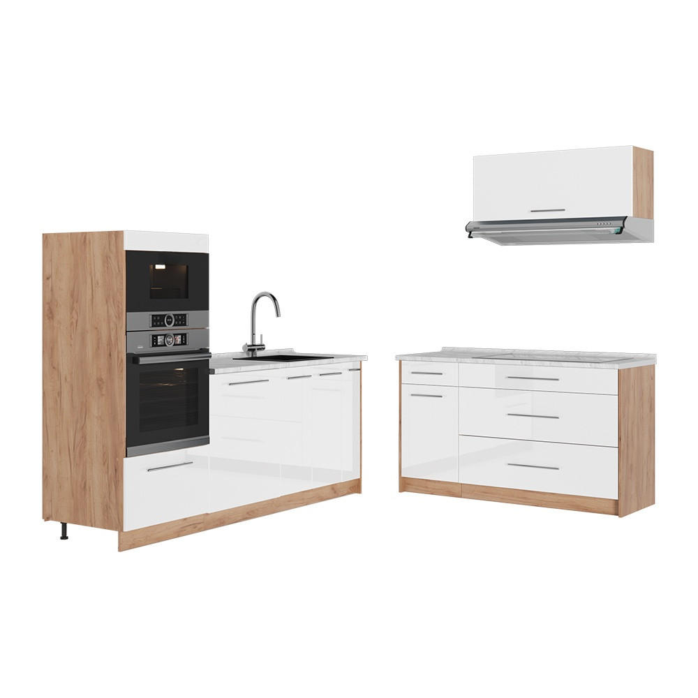 KUCHYŇA Fame-Line, Biely vysoký lesk/Dub Goldkraft, 340 cm, AP Marble - biela s vysokým leskom/dub medový, kompozitné drevo (340/153.6/60cm) - Vicco