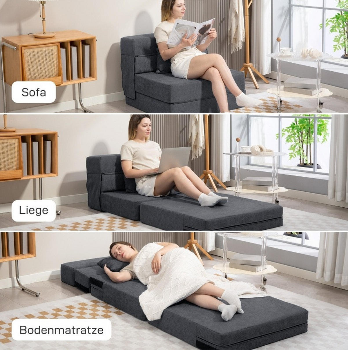 SCHLAFSESSEL 3-in-1 klappbar als Bodensofa, Chaiselongue, Bett 80/80/64 cm Dunkelgrau - Dunkelgrau, Textil (80/64/80cm) - Redom