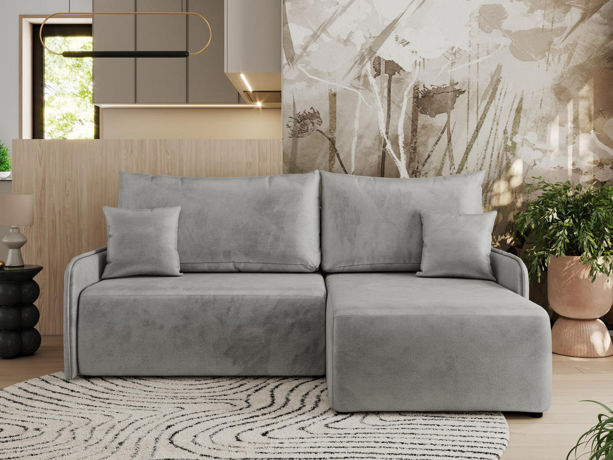 ECKSCHLAFSOFA ARPA L Hellgrau Velvet - rechts - Hellgrau/Schwarz, Kunststoff/Textil (150/198cm) - MKS