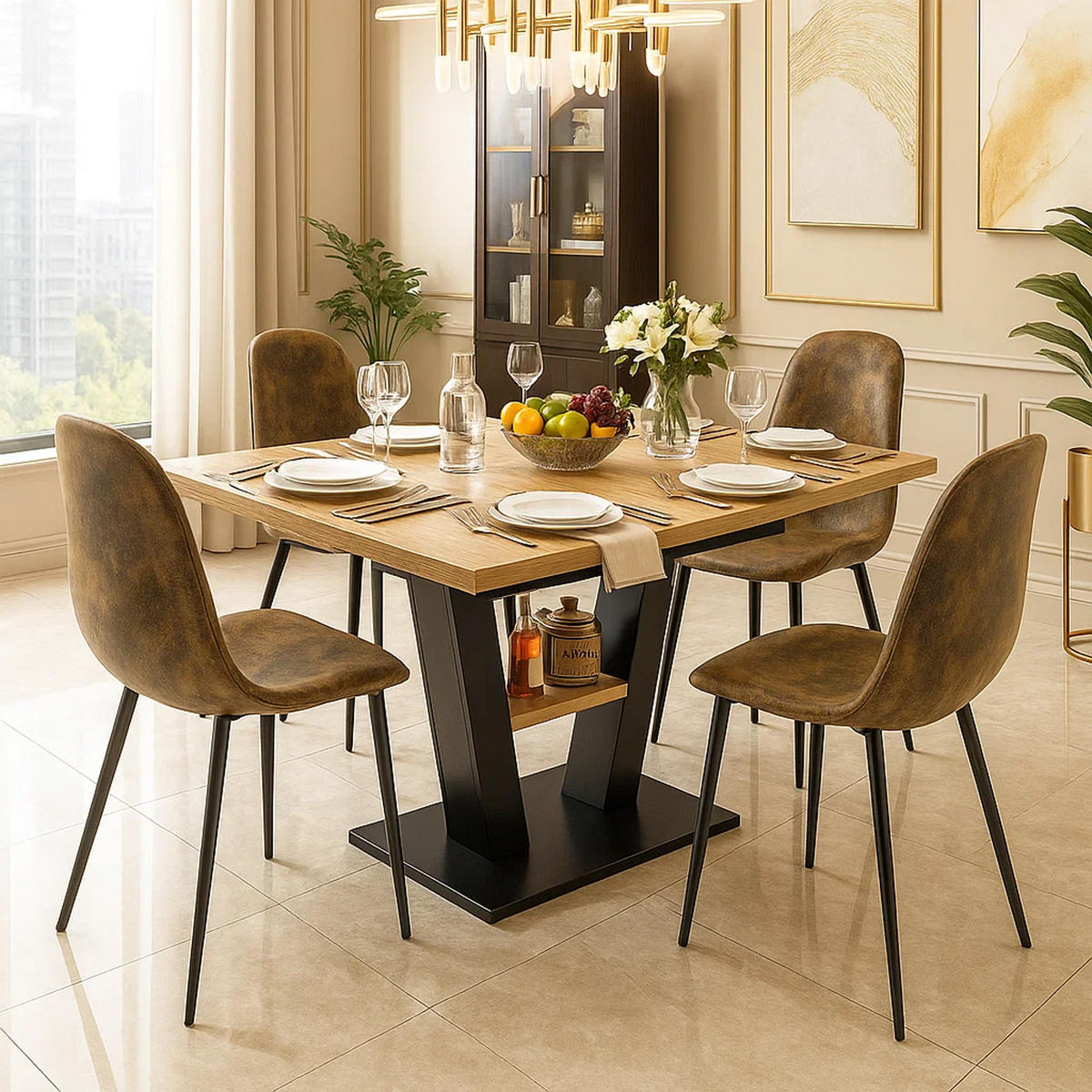 ESSTISCH SET mit 4 Stühlen Vintage Braun & Holzoptik - Braun, Holzwerkstoff/Textil (157/75/70cm) - Urban Meuble