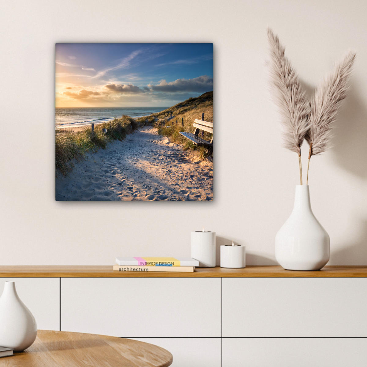 LEINWANDBILD - Sonnenuntergang - Strand - Düne - Gras - Ufer - 50x50 - Room Decor - Sandfarben, Textil (50/50cm) - MuchoWow