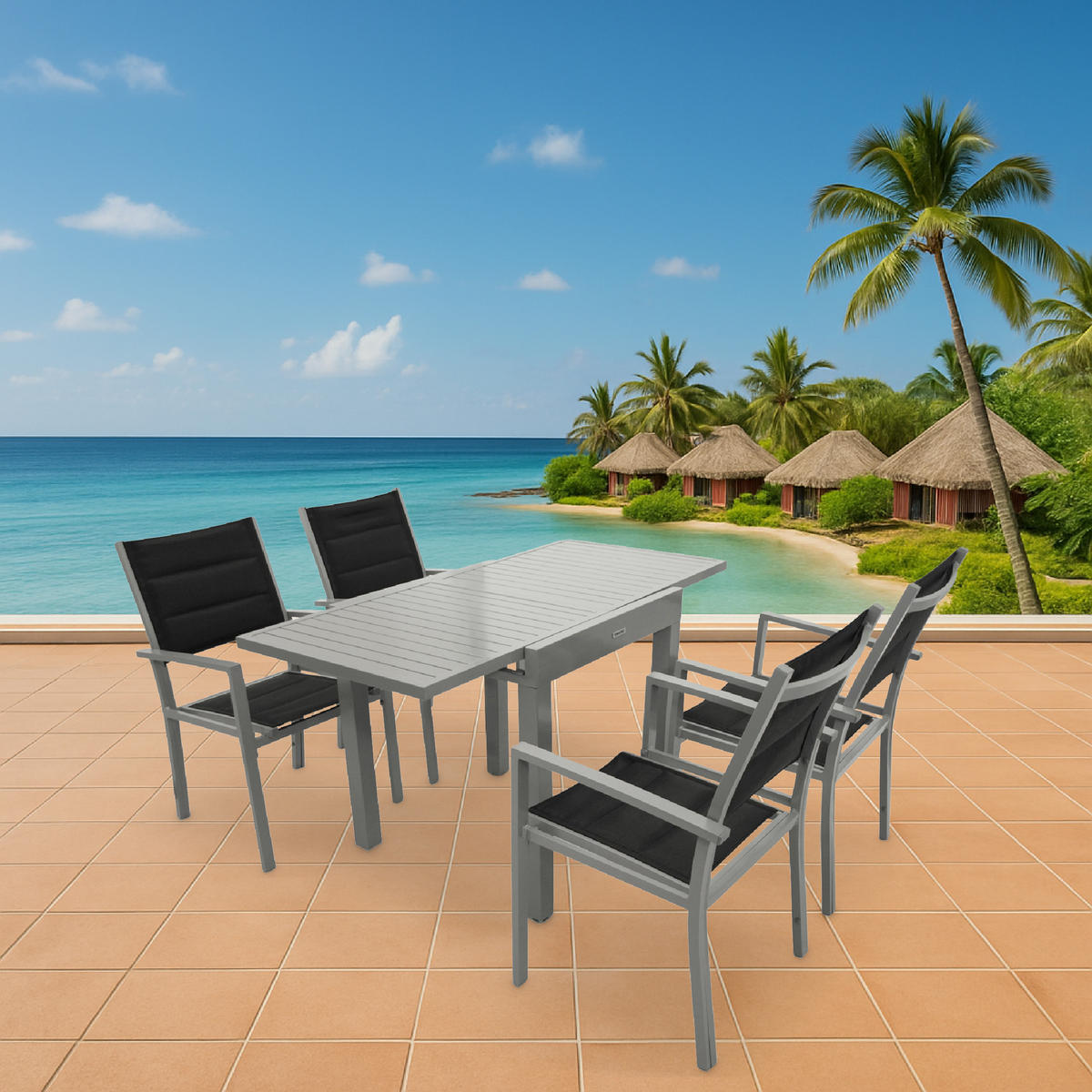 GARTEN-GARNITUR Ashford - 5-teilige Garten-Essgruppe (4x Sessel Aluminium silbergrau + Textilgewebe gepolstert schwarz - Schwarz, Metall - TPFGarden