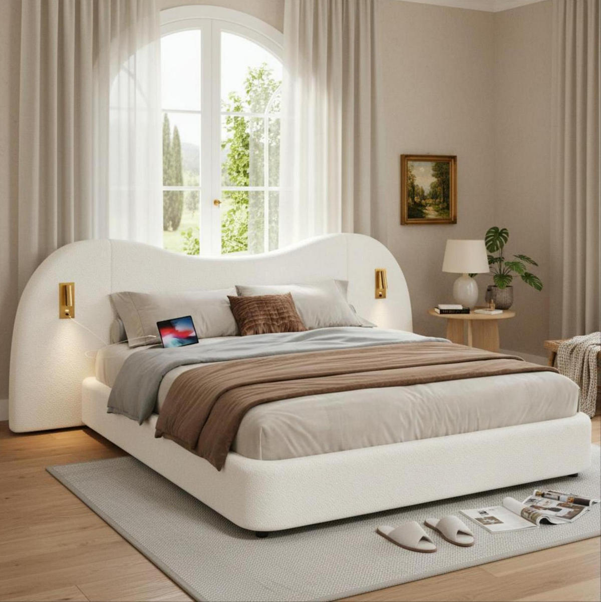 POLSTERBETT 180/200 cm mit Bettkasten, USB-Anschluss und Leselampen in Weiß - Weiß, Textil (180/200cm) - BEAOK