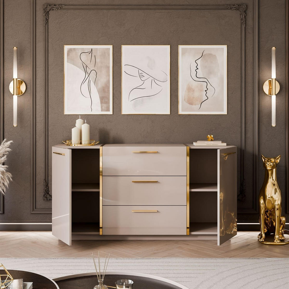 KOMMODE mit Schubladen ONYX Kaschmir Hochglanz - Kaschmir/Goldfarben, Holzwerkstoff (158/81/41.3cm) - Lookway