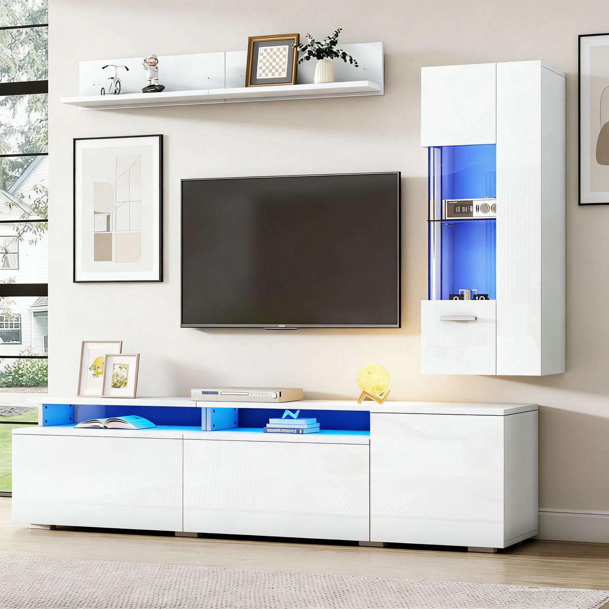 WOHNWAND DE-40423 3-teilig mit LED und Hochglanz Weiß - Weiß, Holzwerkstoff (180/45/40cm) - ComfortXL