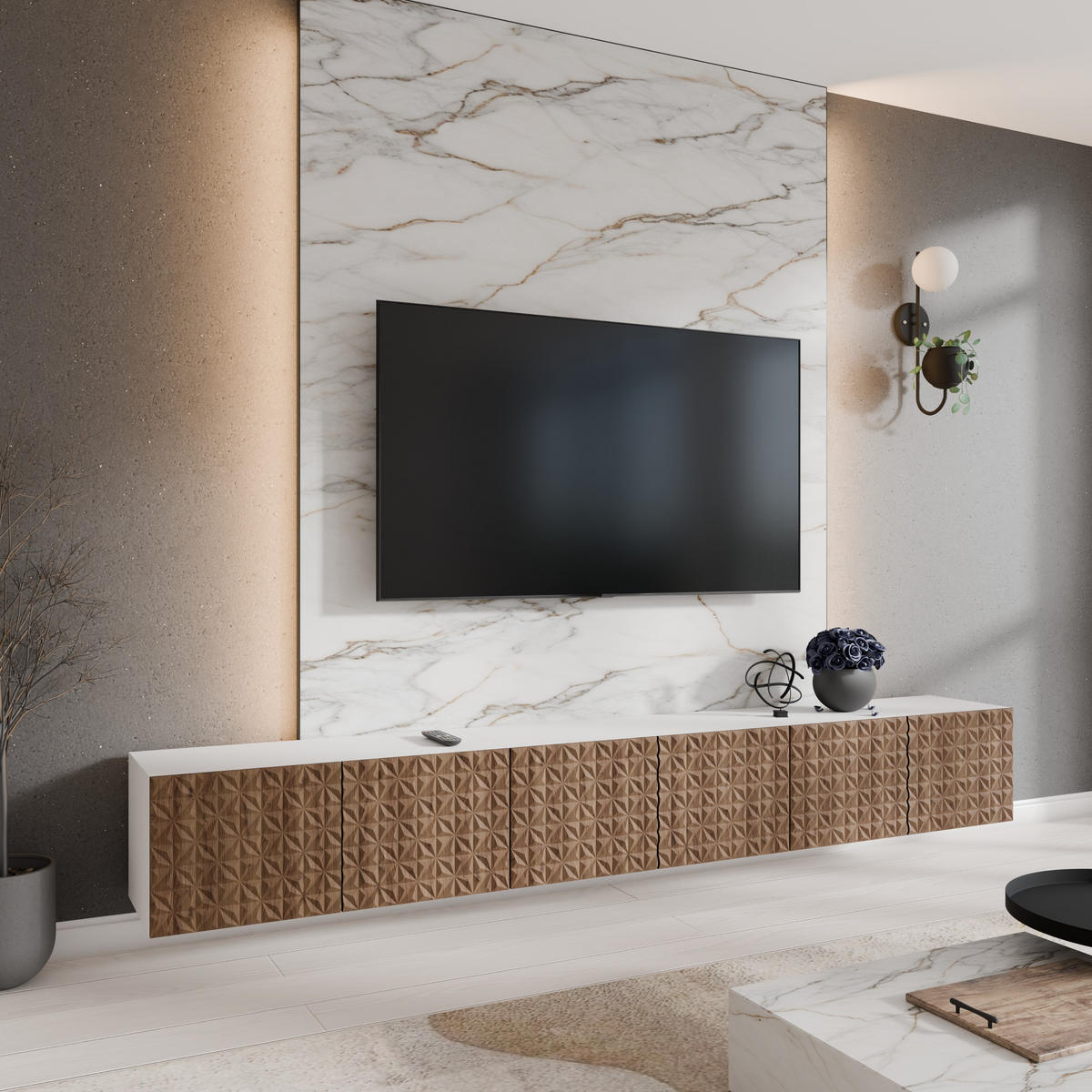 TV-SCHRANK Cali 300 cm, sechstürig, weiß, catania - Weiß/Braun, Kunststoff (300/41/40cm) - Margaret Hadas24