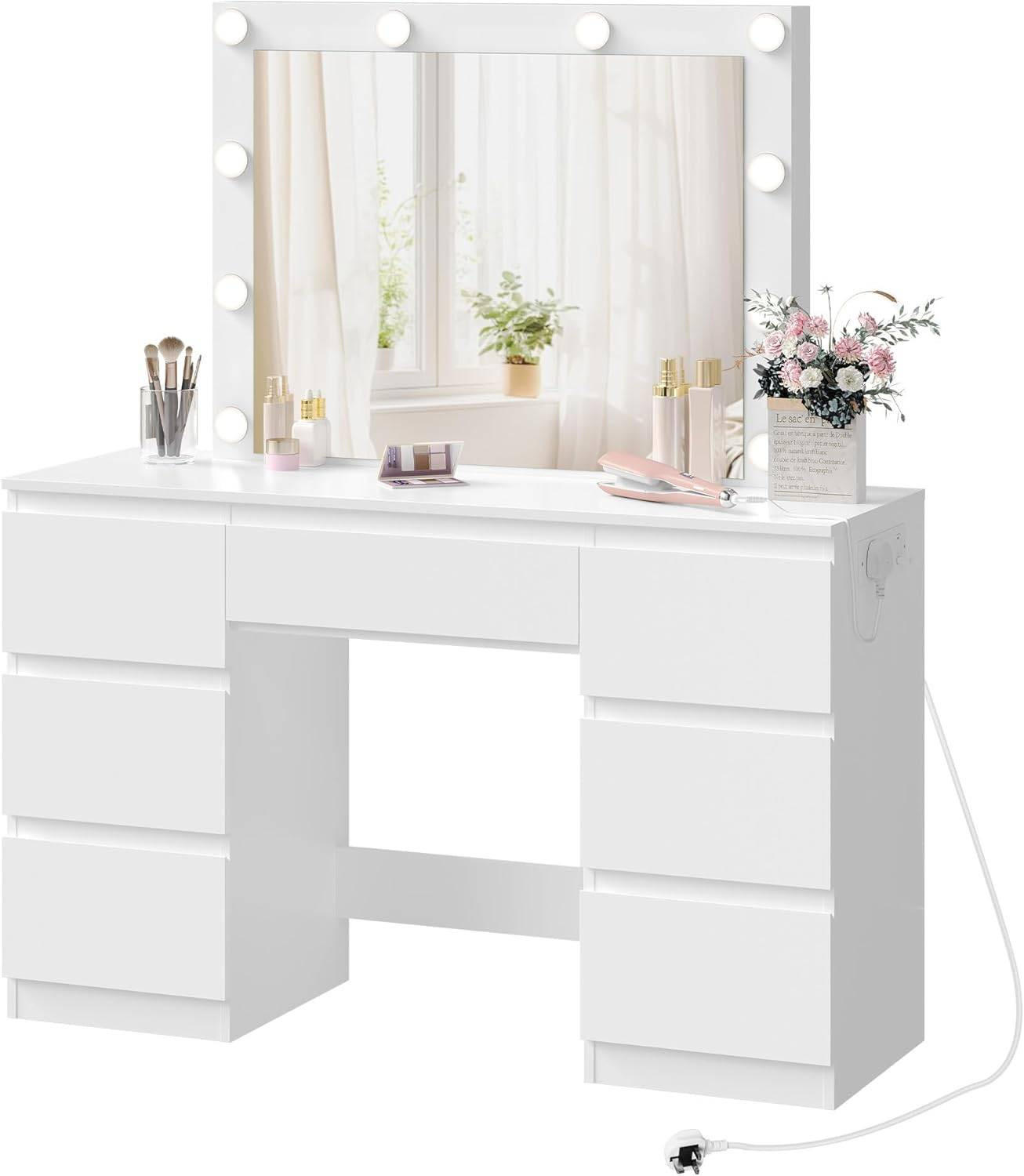 SCHMINKTISCH mit LED-Beleuchtung Steckdose Spiegel, Weiß - Weiß, Glas/Holzwerkstoff (110/140.5/39.5cm) - Woltu