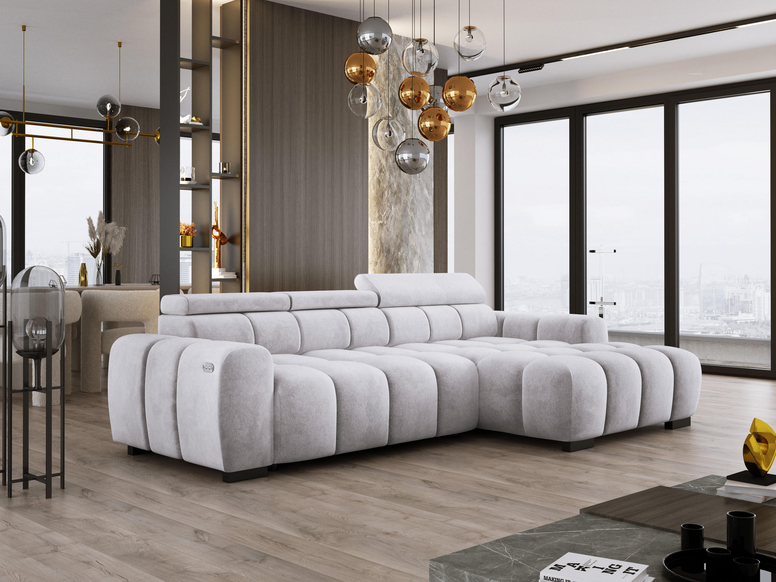 ECKSOFA OMBO 285x168x77/97 cm, Rechts, Schlaffunktion, elektr. Sitz, Kopfstützen, Buche dunkel, hydrophober SALVADOR-Stoff – Esche - Hellgrau, Holz/Textil (285/168cm) - DomoHome