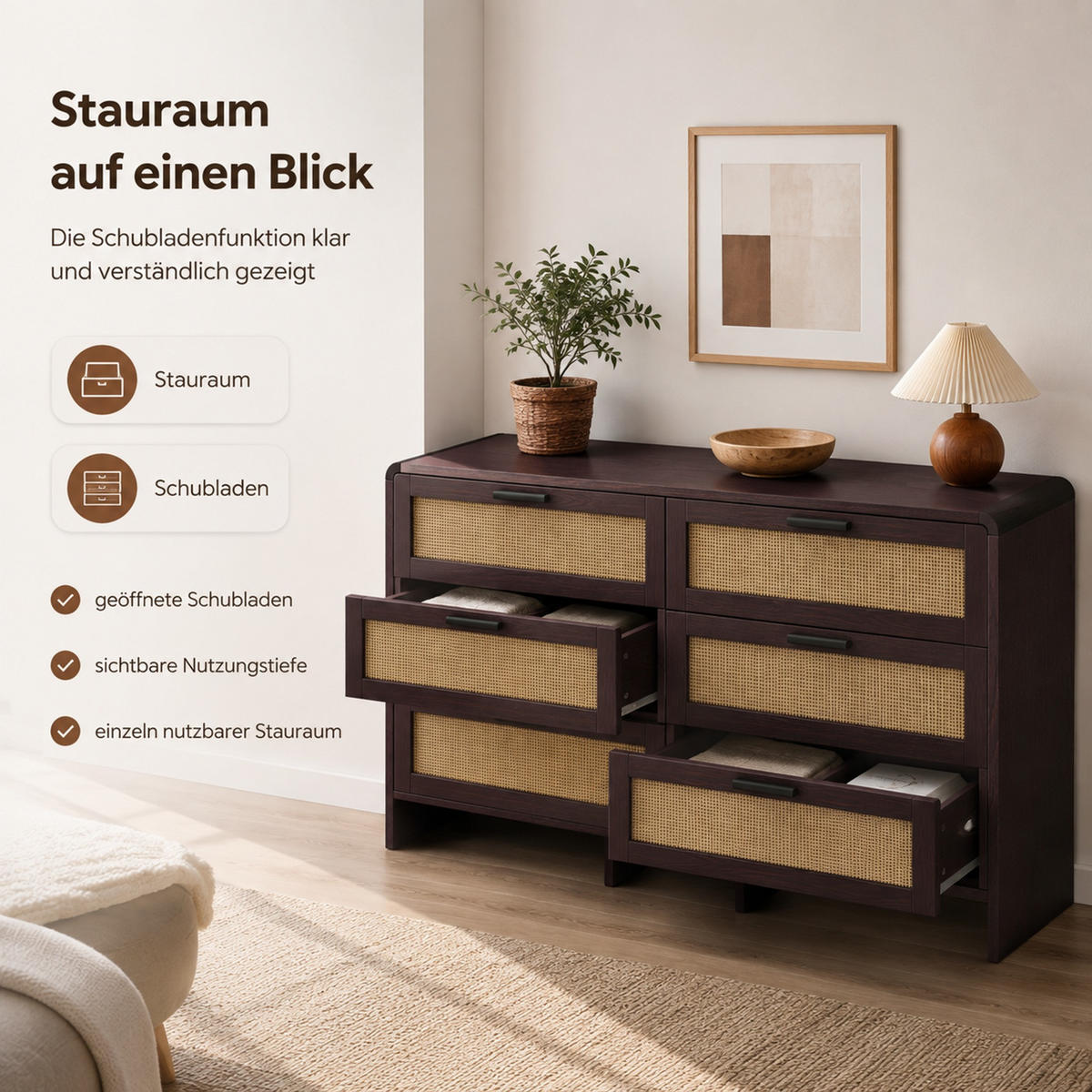 KOMMODE 130 cm aus Holzwerkstoff mit 6 Schubladen und Rattangeflecht Rotbraun - Braun, Holzwerkstoff (130/74/40cm) - Modenvie