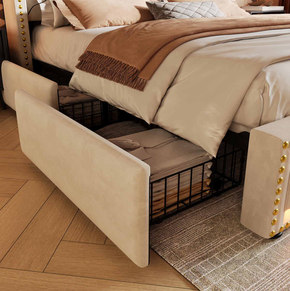 POLSTERBETT 140/200 cm in Beige mit 4 Schubladen, LED-Beleuchtung und USB-Anschlüssen - Beige, Textil (140/200cm) - Flora Grace