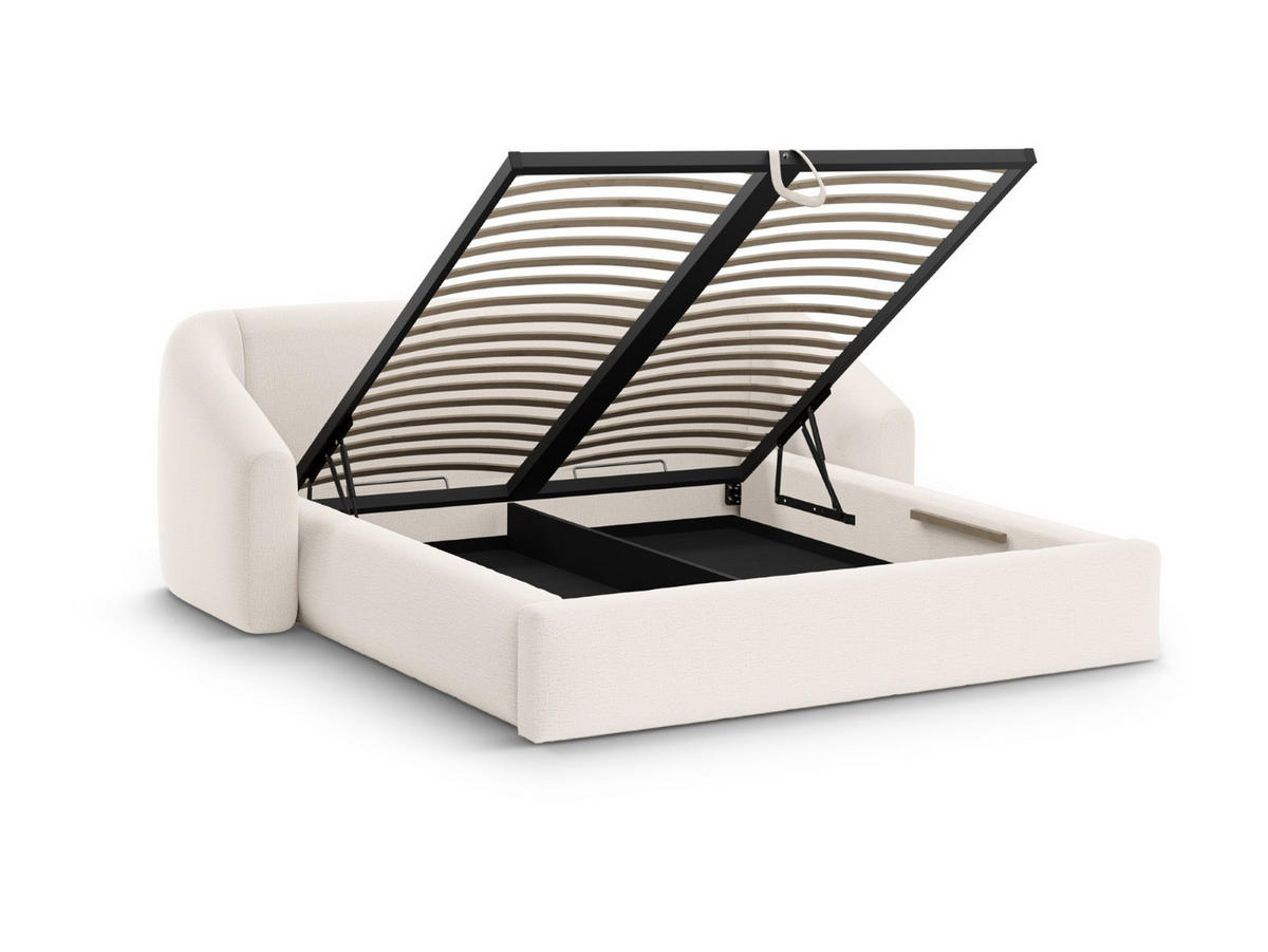 BETT mit Bettkasten und Kopfteil Campi aus strukturiertem Stoff leichtes beige 200x200cm - Creme, Textil (200/200cm) - Cosmopolitan Design