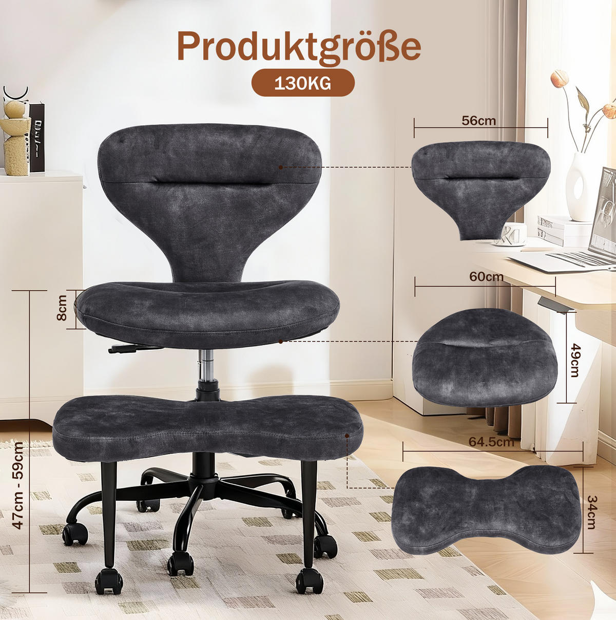 MEDITATIONSSTUHL in Grau 80x67x84 cm mit Rollen, Drehfunktion und ausziehbarer Fußstütze - Grau, Textil (67/84/80cm) - IVMEU