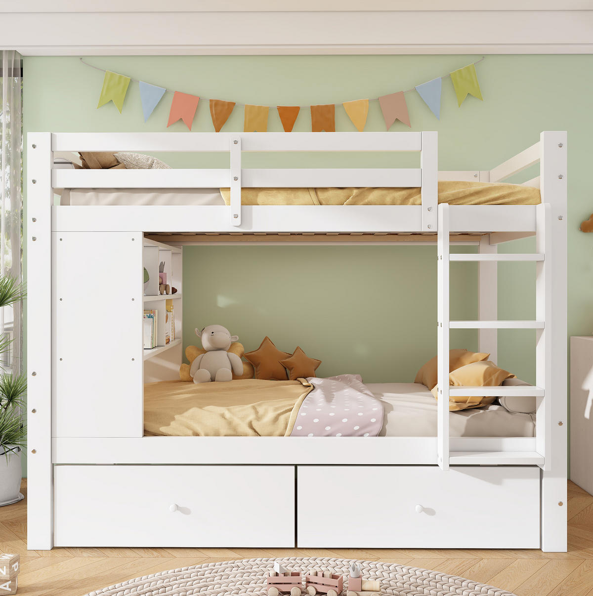 ETAGENBETT aus Holz 90x200 cm Weiß mit 2 Schubladen, offenem Regal, Leiter und Schutzgeländer - Weiß, Holz (90/200cm) - Modfu