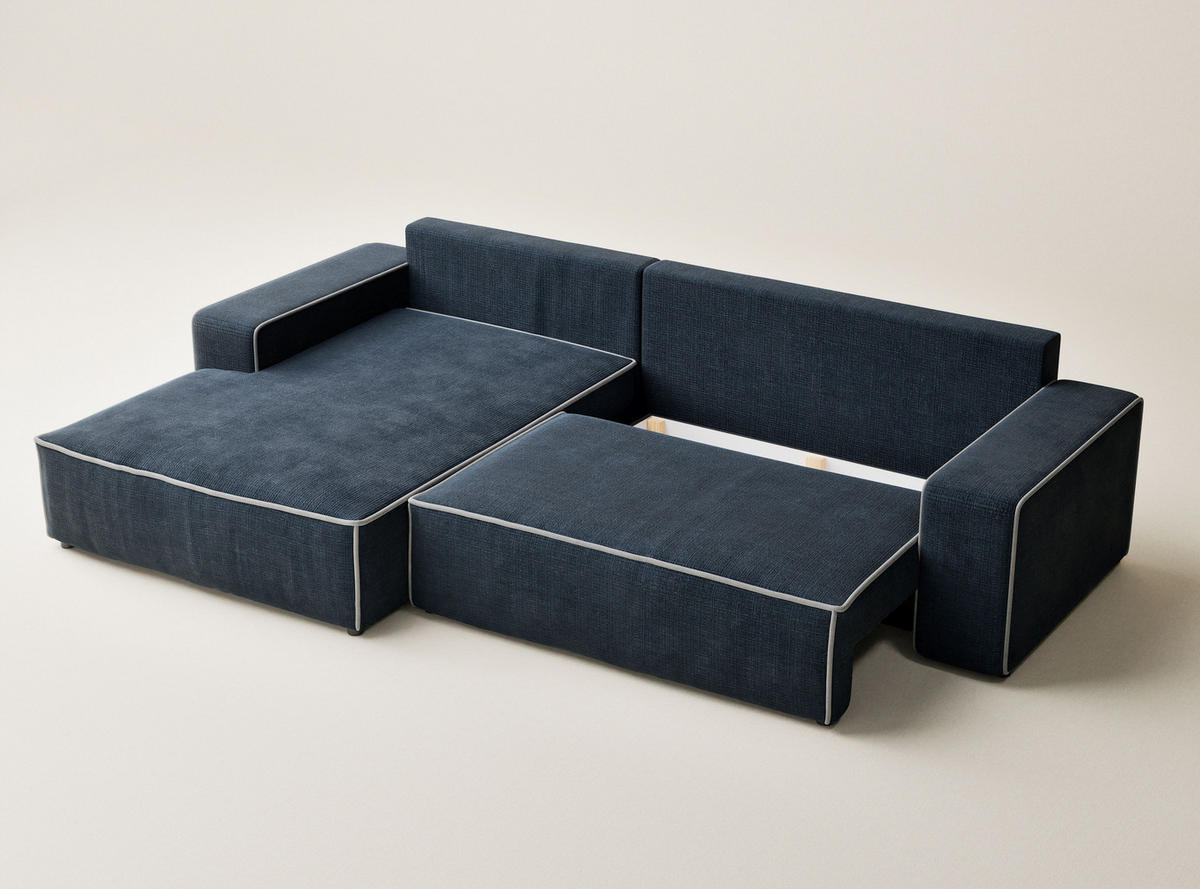 ECKSOFA MIT SCHLAFFUNKTION Modo Creme Chenille-Stoff - Links Seite - Schwarz/Dunkelblau, Holz/Holzwerkstoff (185/294cm) - Maison de Reve